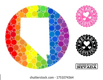 Vector mosaic LGBT map of Nevada State of round dots, and Love scratched seal stamp. Hole round map of Nevada State collage created with circles in variable sizes, and rainbow bright color tinges.