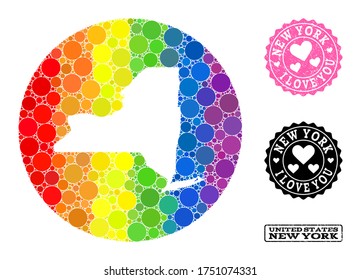 Vector mosaic LGBT map of New York State with circle items, and Love grunge stamp. Subtraction round map of New York State collage designed with circles in different sizes,