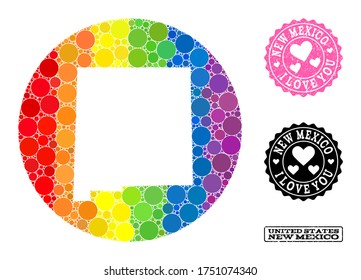 Vector mosaic LGBT map of New Mexico State with spheric blots, and Love watermark seal. Subtraction round map of New Mexico State collage designed with circles in variable sizes,