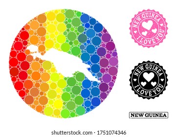 Mapa de mosaico vector LGBT de la isla de Nueva Guinea con elementos redondos, y sello de amor rayado. Mapa del círculo del agujero del collage de la isla de Nueva Guinea compuesto por círculos de tamaños variables,