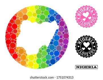 Vector mosaic LGBT map of Nigeria with circle elements, and Love rubber seal stamp. Hole round map of Nigeria collage created with circles in various sizes, and rainbow multicolored color tones.