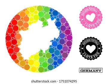 Vector mosaic LGBT map of North Rhine-Westphalia State with spheric blots, and Love watermark seal.