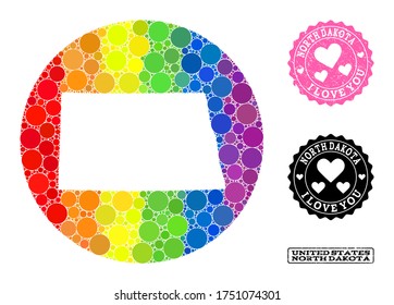 Vector mosaic LGBT map of North Dakota State with round blots, and Love watermark seal stamp. Stencil circle map of North Dakota State collage created with circles in various sizes,