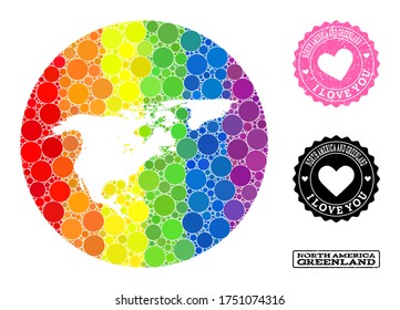 Vector mosaic LGBT map of North America and Greenland with round spots, and Love watermark seal stamp. Stencil round map of North America and Greenland collage created with circles in different sizes,