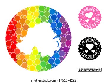 Vector mosaic LGBT map of Northern Ireland with round blots, and Love grunge seal stamp. Subtraction round map of Northern Ireland collage designed with circles in various sizes,