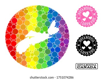 Vector mosaic LGBT map of Nova Scotia Province with circle dots, and Love watermark seal stamp. Stencil circle map of Nova Scotia Province collage created with circles in variable sizes,
