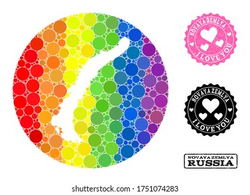 Vector mosaic LGBT map of Novaya Zemlya Islands with circle dots, and Love grunge seal. Stencil circle map of Novaya Zemlya Islands collage designed with circles in various sizes,
