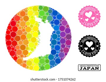 Vector mosaic LGBT map of Osaka Prefecture with round dots, and Love scratched seal stamp. Subtraction round map of Osaka Prefecture collage formed with circles in variable sizes,