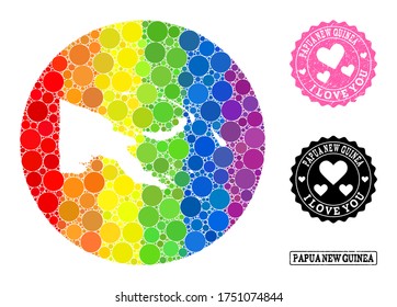 Mapa de mosaico de vectores LGBT de Papúa Nueva Guinea con puntos redondos y estampado de amor. Mapa circular de esténcil del collage de Papúa Nueva Guinea formado con círculos de varios tamaños y tonos de espectro.