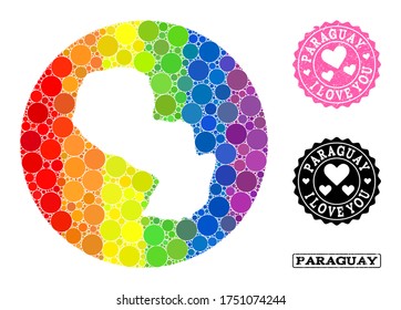 Vector mosaic LGBT map of Paraguay with round blots, and Love scratched seal. Subtraction round map of Paraguay collage created with circles in variable sizes, and rainbow colored color tinges.