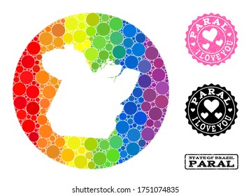 Vector mosaic LGBT map of Paral State with spheric elements, and Love grunge seal stamp. Subtraction round map of Paral State collage created with circles in various sizes,