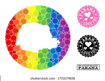 Vector mosaic LGBT map of Parana State with round spots, and Love rubber seal. Stencil circle map of Parana State collage designed with circles in different sizes, and spectrum colored shades.