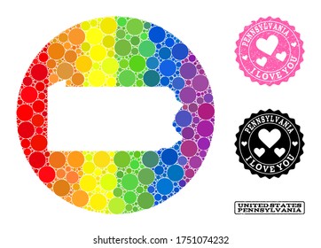 Vector mosaic LGBT map of Pennsylvania State of circle blots, and Love grunge seal. Stencil round map of Pennsylvania State collage formed with circles in various sizes,