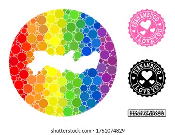Vector mosaic LGBT map of Pernambuco State with round items, and Love watermark seal stamp. Subtraction round map of Pernambuco State collage composed with circles in various sizes,