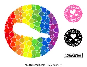Vector mosaic LGBT map of Pico Island with spheric spots, and Love rubber stamp. Stencil circle map of Pico Island collage designed with circles in variable sizes, and rainbow colorful color tones.