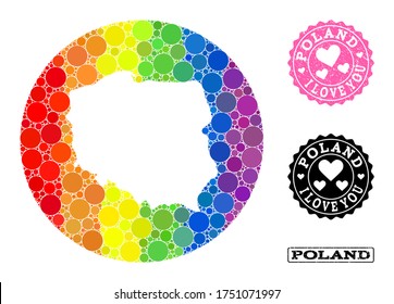 Vector mosaic LGBT map of Poland from circle dots, and Love scratched seal. Stencil circle map of Poland collage designed with circles in various sizes, and rainbow multicolored shades.