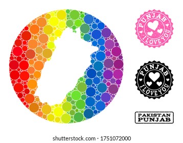 Vector mosaic LGBT map of Punjab Province from circle spots, and Love rubber seal. Stencil circle map of Punjab Province collage formed with circles in different sizes,