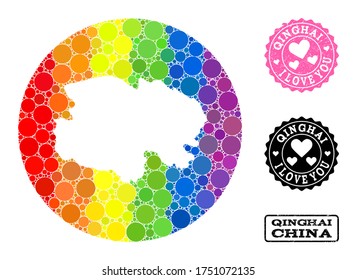 Vector mosaic LGBT map of Qinghai Province of circle blots, and Love watermark seal. Stencil round map of Qinghai Province collage created with circles in various sizes,