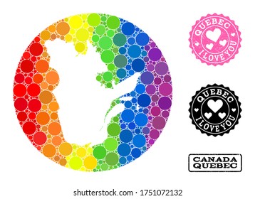 Vector mosaic LGBT map of Quebec Province with spheric items, and Love scratched seal stamp. Stencil round map of Quebec Province collage formed with circles in different sizes,