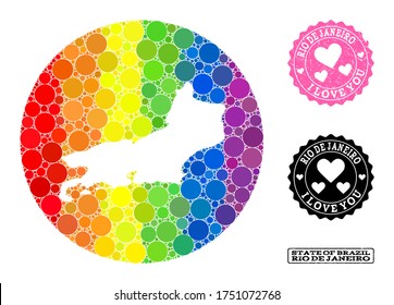 Vector mosaic LGBT map of Rio de Janeiro State with spheric items, and Love scratched seal stamp. Stencil round map of Rio de Janeiro State collage composed with circles in variable sizes,