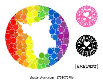 Vector mosaic LGBT map of Roraima State from round dots, and Love rubber seal. Subtraction circle map of Roraima State collage composed with circles in variable sizes, and spectrum bright color tints.