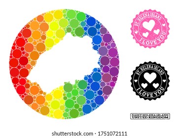 Vector mosaic LGBT map of Saint Helena Island of circle spots, and Love rubber seal stamp. Subtraction circle map of Saint Helena Island collage composed with circles in different sizes,