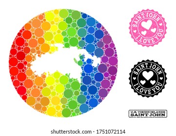 Vector mosaic LGBT map of Saint John Island of circle elements, and Love rubber seal stamp. Hole circle map of Saint John Island collage designed with circles in various sizes,