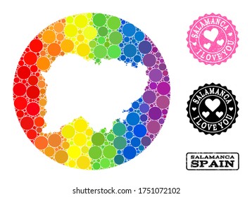 Vector mosaic LGBT map of Salamanca Province from round items, and Love rubber seal stamp. Stencil round map of Salamanca Province collage created with circles in variable sizes,