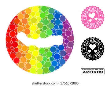 Vektormosaik LGBT Karte von Sao Miguel Island mit Kreiselementen und Love Wasserzeichen-Siegel. Stencil-Round-Map von Sao Miguel Island Collage gebildet mit Kreisen in unterschiedlichen Größen,