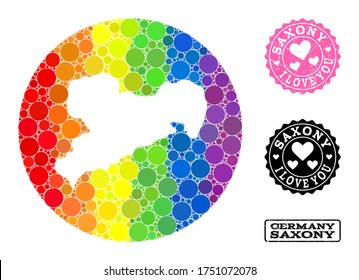 Vector mosaic LGBT map of Saxony State with round elements, and Love grunge seal stamp. Hole circle map of Saxony State collage composed with circles in various sizes, and rainbow bright color tones.