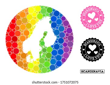 Vector mosaic LGBT map of Scandinavia with circle items, and Love watermark seal stamp. Subtraction circle map of Scandinavia collage composed with circles in various sizes,
