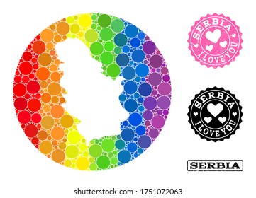 Vector mosaic LGBT map of Serbia with round blots, and Love rubber seal. Stencil circle map of Serbia collage formed with circles in various sizes, and rainbow bright color tinges.