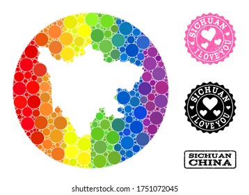 Vector mosaic LGBT map of Sichuan Province with round elements, and Love rubber stamp. Hole round map of Sichuan Province collage created with circles in variable sizes, and spectrum bright shades.