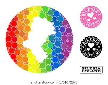 Vector mosaic LGBT map of Silesia Province with round items, and Love watermark seal stamp. Stencil circle map of Silesia Province collage formed with circles in variable sizes,