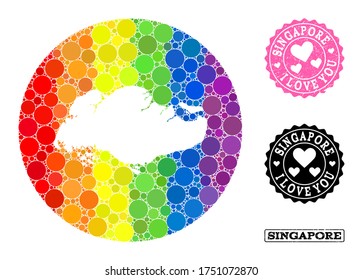 Vector mosaic LGBT map of Singapore from circle elements, and Love rubber stamp. Hole circle map of Singapore collage composed with circles in variable sizes, and spectrum bright color tinges.