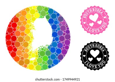 Vector mosaic LGBT map of South Korea with circle elements, and Love watermark stamp. Hole circle map of South Korea collage formed with circles in various sizes, and rainbow colorful color tints.
