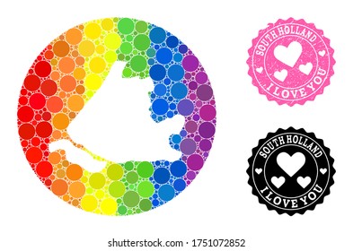 Vector mosaic LGBT map of South Holland with spheric dots, and Love watermark seal stamp. Hole round map of South Holland collage composed with circles in various sizes,