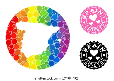 Vector mosaic LGBT map of Spain with spheric spots, and Love rubber seal stamp. Subtraction circle map of Spain collage designed with circles in different sizes, and rainbow multicolored color tones.