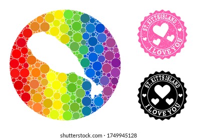 Vector mosaic LGBT map of St Kitts Island of round spots, and Love rubber stamp. Subtraction round map of St Kitts Island collage designed with circles in different sizes,