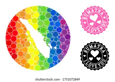 Vector mosaic LGBT map of Sumatra Island with round blots, and Love grunge seal. Stencil round map of Sumatra Island collage composed with circles in variable sizes,