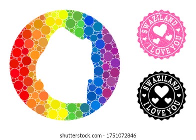 Vector mosaic LGBT map of Swaziland with circle blots, and Love grunge seal. Subtraction round map of Swaziland collage composed with circles in different sizes, and spectrum bright color hues.