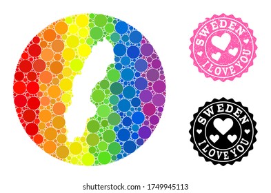 Vector mosaic LGBT map of Sweden with round items, and Love watermark seal stamp. Subtraction round map of Sweden collage designed with circles in various sizes, and rainbow colorful color tinges.