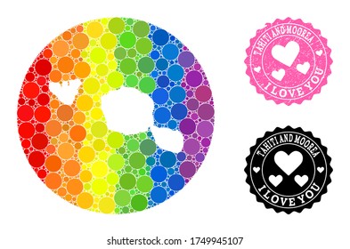 Vector mosaic LGBT map of Tahiti and Moorea islands with spheric blots, and Love rubber seal stamp. Subtraction circle map of Tahiti and Moorea islands collage composed with circles in variable sizes,