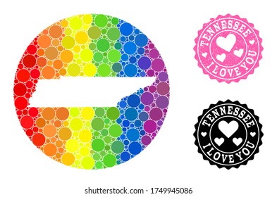 Vector mosaic LGBT map of Tennessee State of circle blots, and Love grunge seal stamp. Stencil round map of Tennessee State collage designed with circles in various sizes,