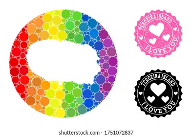 Vector mosaic LGBT map of Terceira Island of spheric items, and Love grunge seal. Subtraction round map of Terceira Island collage created with circles in various sizes,