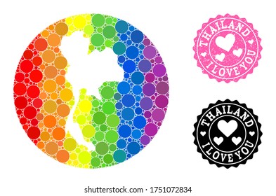 Vector mosaic LGBT map of Thailand of circle elements, and Love scratched seal stamp. Hole circle map of Thailand collage created with circles in various sizes, and spectrum colored color tints.