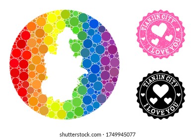 Vector mosaic LGBT map of Tianjin Municipality with round dots, and Love watermark seal. Subtraction round map of Tianjin Municipality collage designed with circles in different sizes,