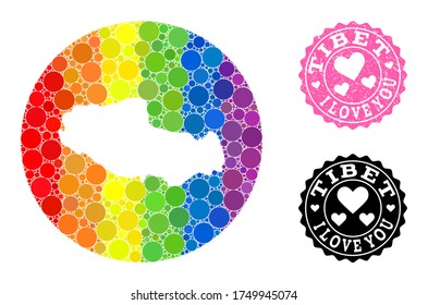 Vector mosaic LGBT map of Tibet with round dots, and Love watermark seal. Subtraction round map of Tibet collage created with circles in various sizes, and rainbow colorful color hues.