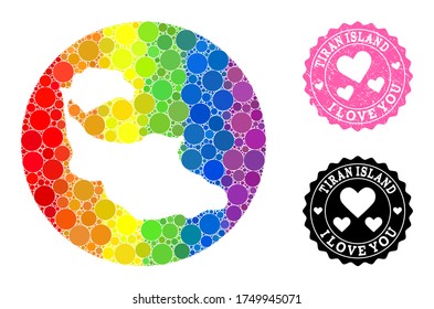 Vector mosaic LGBT map of Tiran Island with spheric items, and Love rubber seal. Subtraction circle map of Tiran Island collage formed with circles in various sizes, and rainbow colorful color hues.