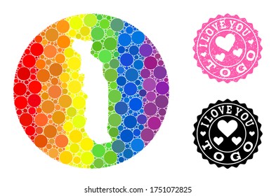 Vector mosaic LGBT map of Togo from round dots, and Love watermark seal. Stencil round map of Togo collage formed with circles in variable sizes, and spectrum colorful color tinges.